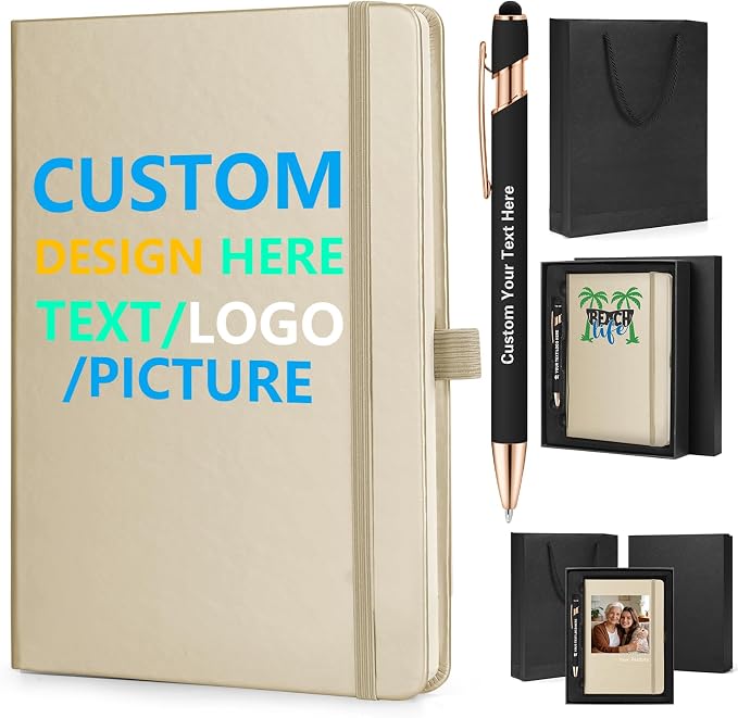 ENOMY Personalized Notebook Writing Set A5 Journal PU Leather Custom Notebook 200 Lined Pages Business Notebook with Metal Pen Gift Box for Holiday College Birthday Business Gift, Gold