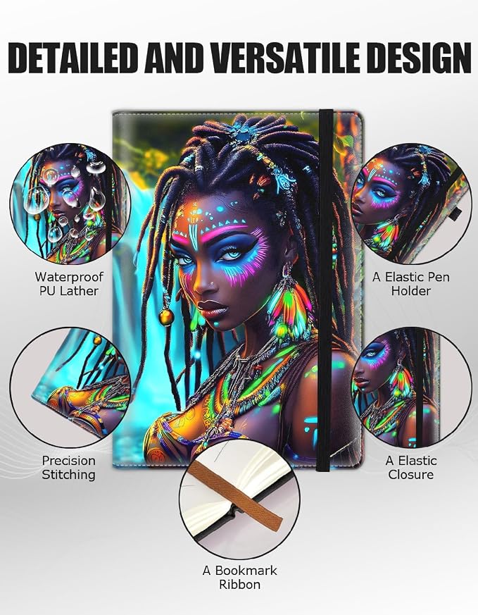Hardcover Executive Notebooks, A5 PU Leather Lined Journal Notebook, 200 Pages Thick Paper Subject Notebooks for School,Work,Home Writing Business Notebook, Diary Book ，African American Girl