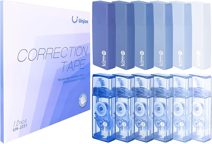 Unjoo Mini White Correction Tape Set (12pack, 5M/196" x 0.2", Blue) | Aesthetic Cute Correction Tape, Easy To Use, For school, Office Workers