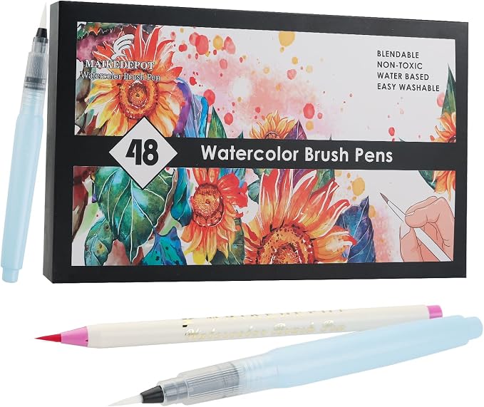 Watercolor Pens,Set of 48, Real Brush Pens Watercolor Markers and 2 Water Brush,Online Tutorial Video for Coloring Books, Calligraphy(48 Colors)