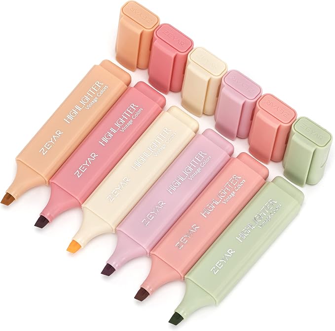 ZEYAR Highlighter Pen, vintage colors- Romantic Chisel Tip, Water Based, Quick Dry, No Bleed, for Bible Study Notes School Office (6 Romance colors)