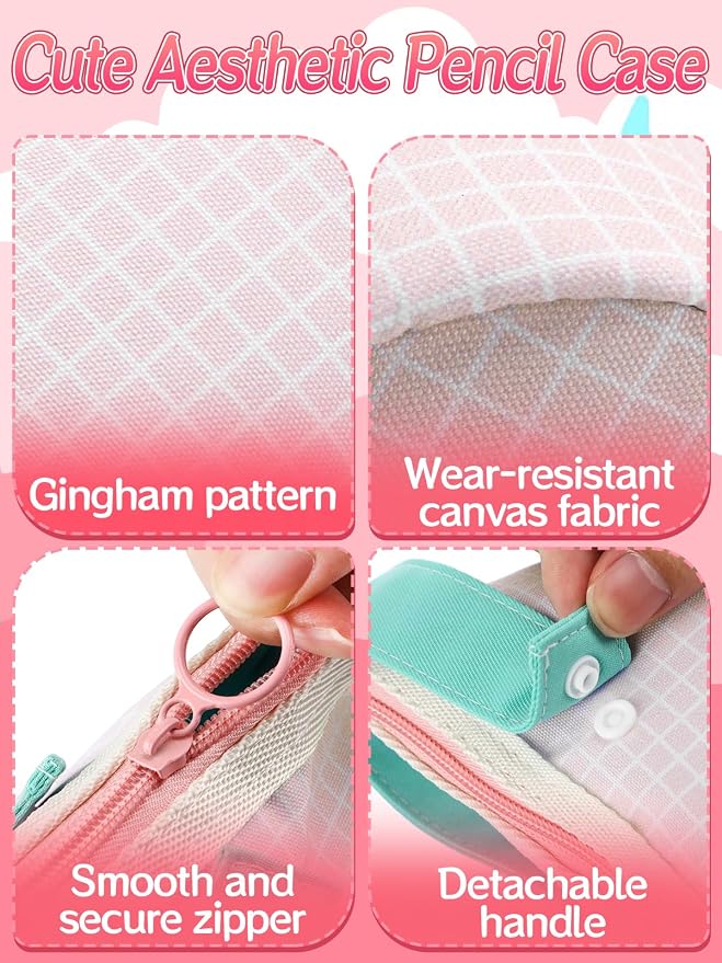 Bigmeta Gingham Standing Soft Pencil Case for Girls - 2-in-1 Cute Aesthetic Pencil Pouch with Zipper, Stationery Holder Bag for Middle & Elementary Students Back to School Supplies (Pink)