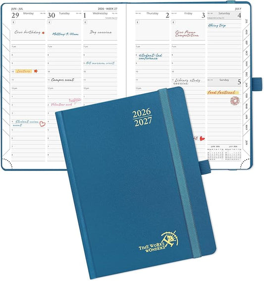 POPRUN 2026-2027 Academic Planner, 6.5" x 8.75", Weekly and Monthly Calendar, July 2026 to June 2027, Hardcover Appointment Book with Vertical Layout, Hourly Time Slots, Monthly Tabs - Night Sky Blue