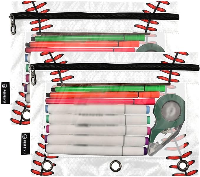 Gredecor 3 Ring Binder Pencil Pouch, Ball Softball Basebal Laces (3) Zippered Pen Case Pouches with Clear Window, 2 Pack Stylish Office & School Supplie