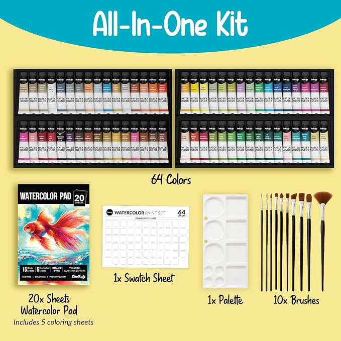Chalkola Watercolor Paint Set - 64 Water Color Paint Tubes (12ml, 0.4oz), 10 Painting Brushes & 1 Palette, 20 WaterColor Pad | Art Supplies for Adults & Professional Artists