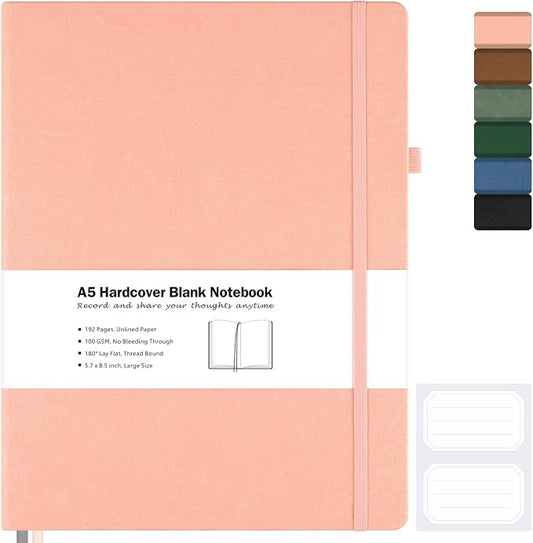 Blank Notebook, Hardcover Sketchbook, Leather Unlined Journal for Women Men | No Bleed Thick Paper Sketch Book for Drawing/Writing/Journaling, Lay Flat, A5 Portable Size for Work, School, and Travel