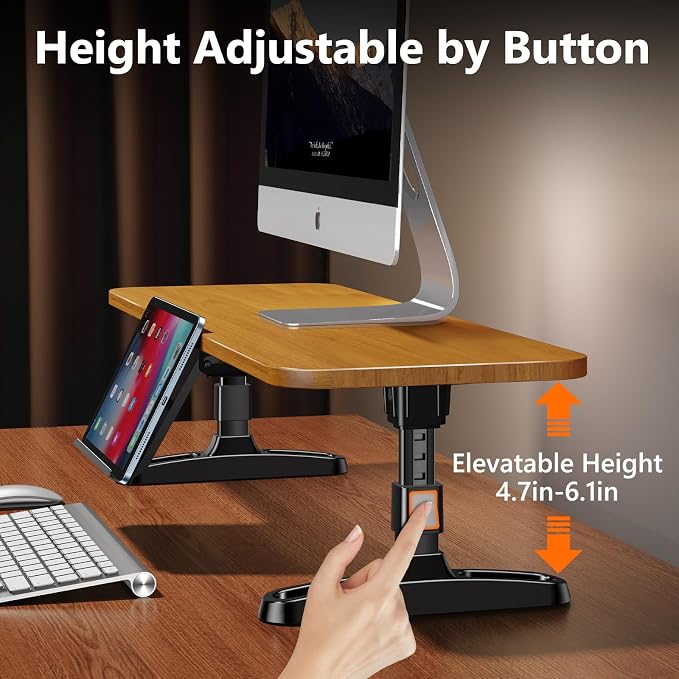 Ergonomic Wooden Monitor Stand Riser with Height Adjustable Button | One Touch Height Adjustable, Hidden Phone/Tablet Holder, Keyboard Storage Organizer, for Home Office Desktop