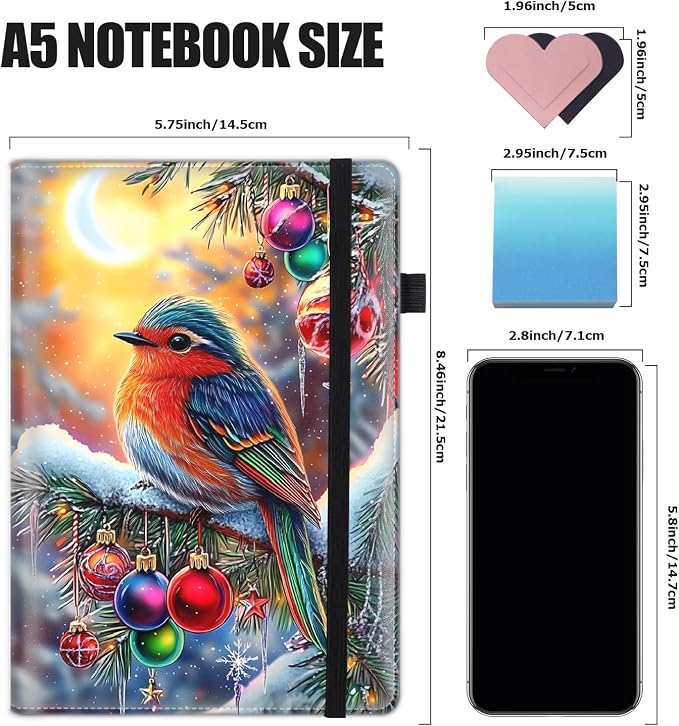 Hardcover Executive Notebooks, A5 PU Leather Lined Journal Notebook, 200 Pages Thick Paper Subject Notebooks for School,Work,Home Writing Business Notebook,Christmas Tree and Colorful Birds