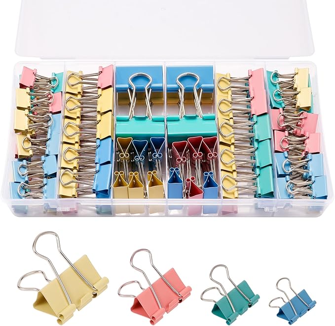Colored Binder Clips, Assorted Sizes, 120 PCS | Large Medium Small Mini Paper Clamps, 4 Sizes (1.26"/0.98"/0.75"/0.59"), Storage Case, Office Supplies Clips