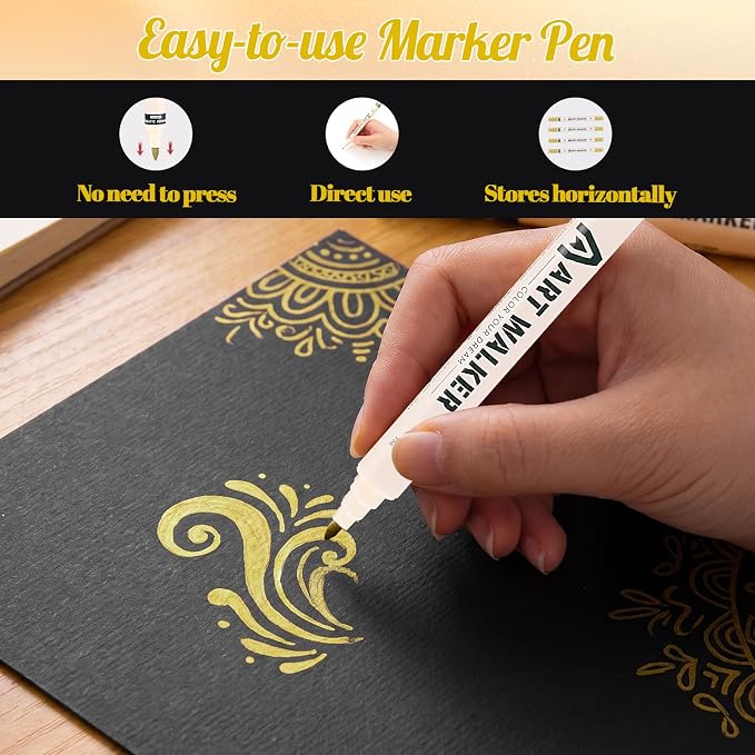 Thboxes Gold Paint Markers 10 Pack, Dual Tip Acrylic Pens | 1mm Fine Tip & 1-5mm Brush Tip, Water-Based Ink, Works On Wood, Glass, Rock, Plastic, Canvas and Fabric