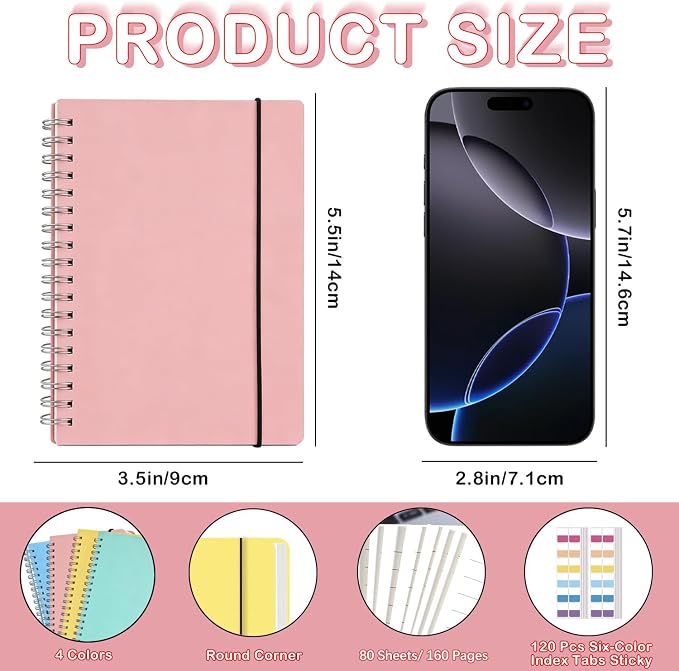 Small Spiral Notebooks 3.5 x 5.5 in College Ruled, Mini Spiral Notebook | Waterproof 80 Sheets/160 Pages, Pocket Notebook with 120 Pcs Sticky Index Tabs for Home Office College School