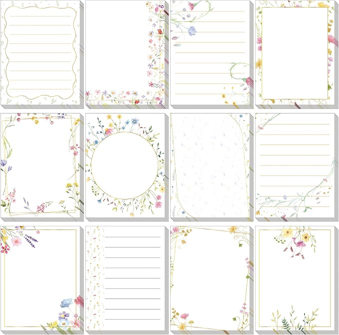 Chiisong 12 Pack Wildflower Sticky Notes Floral Sticky Notes, Self-Stick Note Pads Flower Memo Pads for Journal Planners Office Home Stationery Gift Meeting Office Supplies