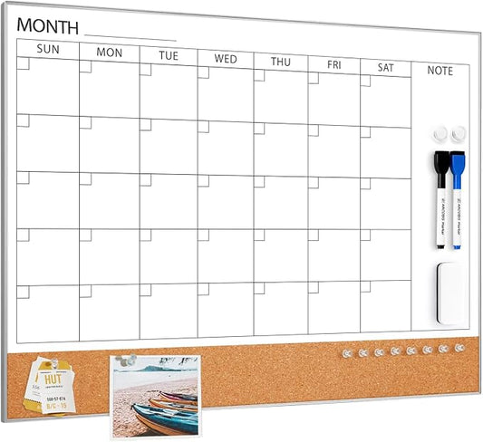 ARCOBIS Dry Erase Calendar with Cork Board for Wall, 24"x 18" Magnetic Calendar Whiteboard with Silver Frame, Monthly Combination Board for School, Home, Office