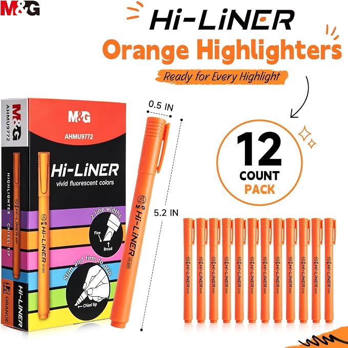 M&G Liner Highlighters, 12-Count Pack Orange Highlighters, Chisel Tip No Bleed Highlighter Pens for Office Documents, Planning, and Everyday Organization