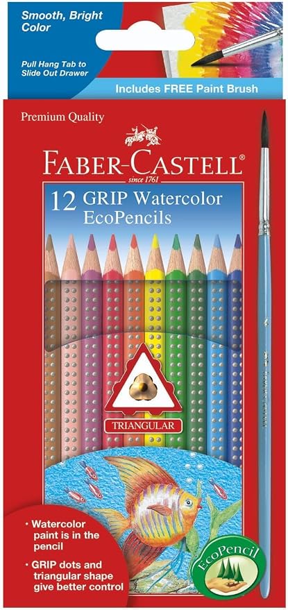 Faber-Castell Grip Watercolor EcoPencils: 12 Watercolor Pencils with Brush, Color Pencil Set, Art Supplies for Kids (Pack of 12)