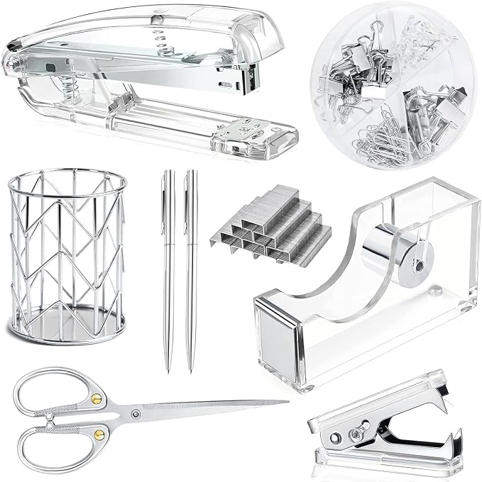 Office Desk Accessories，Office Supplies Set Acrylic Stapler Set Staple Remover, Tape Holder, Pen Holder, 2 Ballpoint Pen, Scissor, Binder Clips, Paper Clips and 1000pcs Staples(Silver)