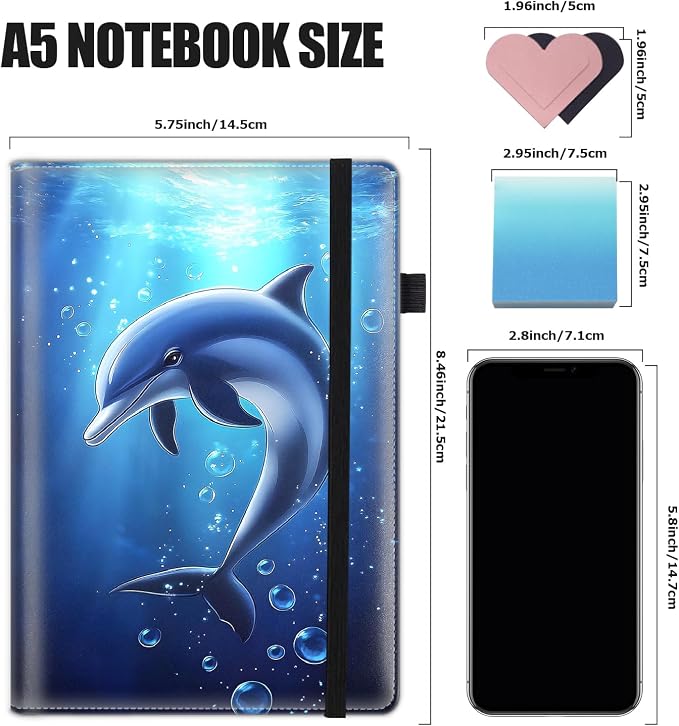 Hardcover Executive Notebooks, A5 PU Leather Lined Journal Notebook, 200 Pages Thick Paper Subject Notebooks for School,Work,Home Writing Business Notebook, Diary Book ，Dolphin