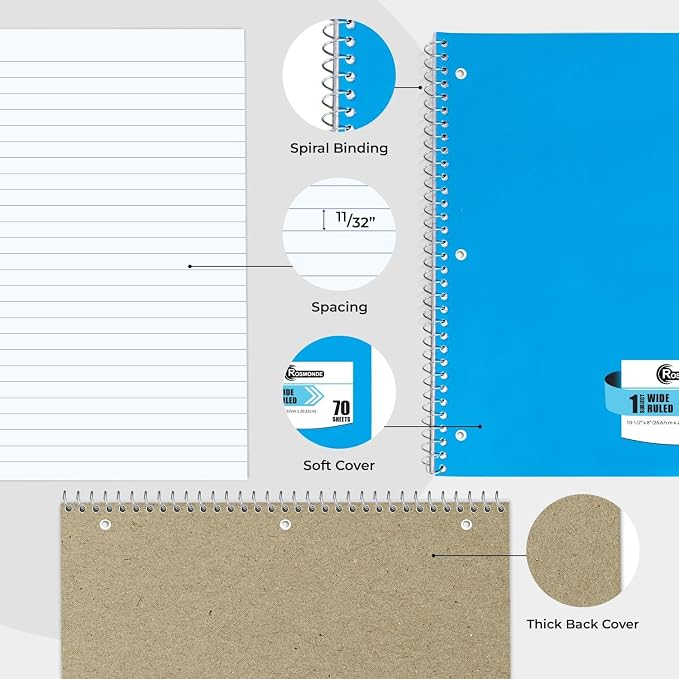 Rosmonde 1000 Packs (Pallet) 1 Subject Notebooks, Wide Ruled, Pallet of Notebooks, 70 Sheets (140 pages), 8 x 10-1/2", Spiral Notebook Bulk, Bulk Spiral Notebooks for School & Office, 4-7 Days Transit