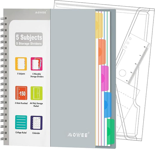 5-Subject Spiral Notebook, College Ruled, with Pocket & Tab Dividers | 300 Pages, 11" Ruler, 8.5"x11" Lily White, Pocket Dividers with Labels, for Writing Journal, Home, Office & School Supplies
