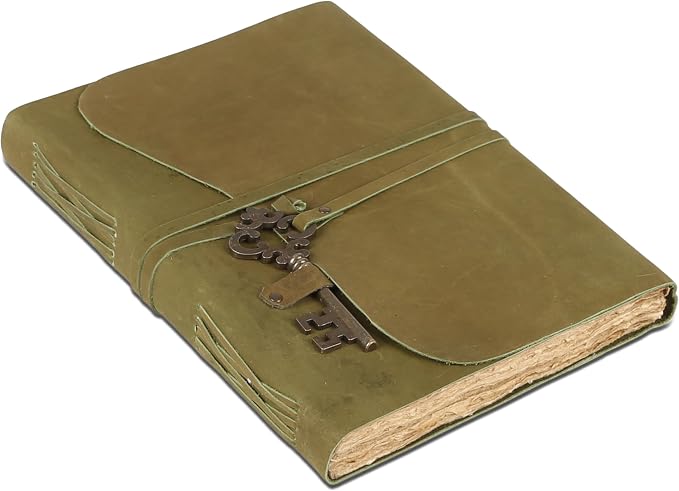Leather Journal with Deckle Edge Paper 8x6 inch and Vintage Key | Handmade Writing Notebook Diary | Bound Daily Notepad for Men & Women Medium, Sketch/Writing pad for Artists