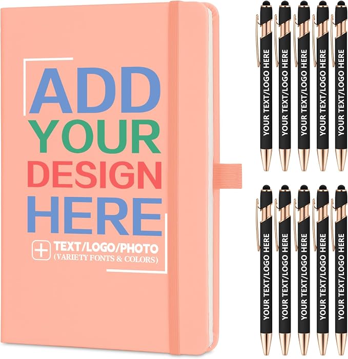 ENOMY Personalized Notebook Journal & 10 PC Pens Gift Set Custom Notebook A5 200 Pages A5 Lined Journal for Men Women Hardcover Notebooks for Work College Graduation Gifts, Pink