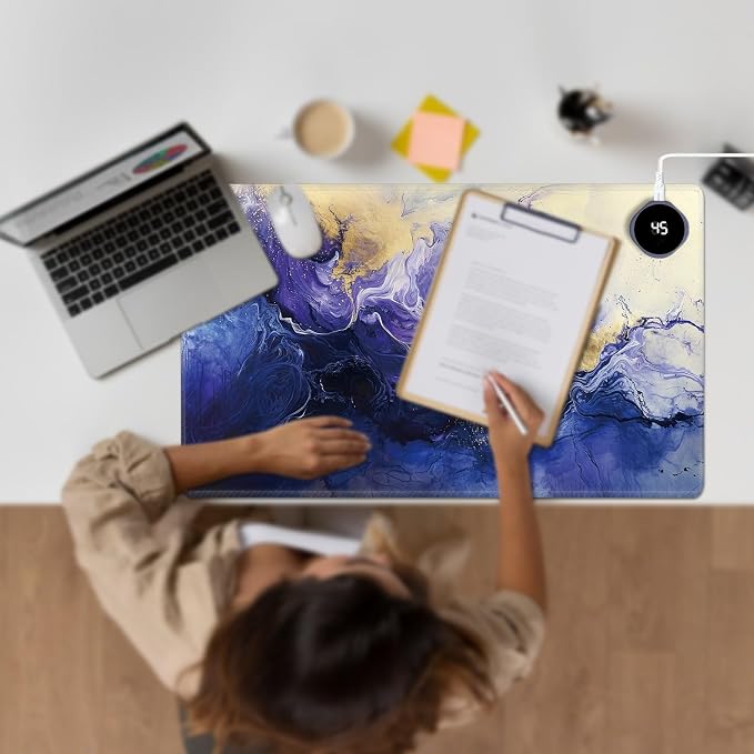Heated Desk Pad Large Mouse Pad 23.6 x 14.1 inch with 3 Levels Heating & Auto Shut-Off Warm Mouse pad PU Leather Computer Mousepad for Home Office Work - Purple Marble