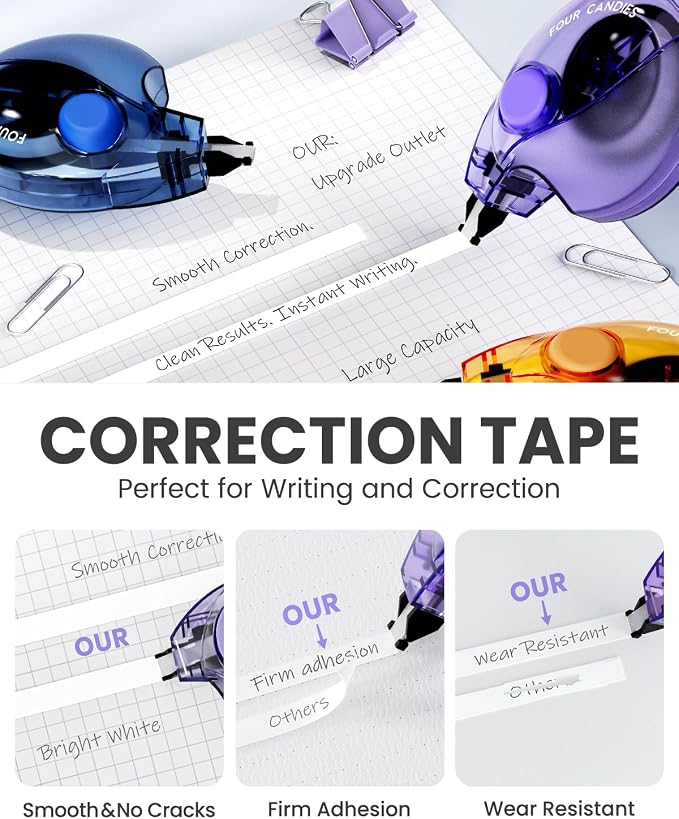Four Candies Silent Correction Tape, White Correction Tape 12 Pack, 26.2ft, Ergonomic Easy-to-Use Applicator,Fast Clean Instant Corrections, Smooth High-Opacity Tear-Resistant Office & School Supplies