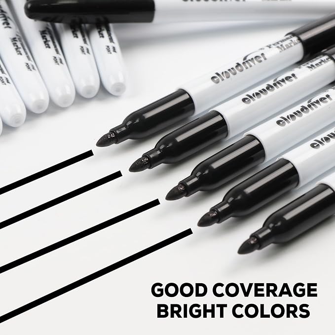 cloudriver Black Permanent Markers Fine Tip, 60 Packs Permanent Markers Bulk, Quick Drying & Fade Resistant, Permanent Marker Set Works on Plastic,Wood,Stone,Metal and Glass for Doodling, Marking