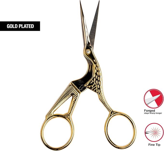 SINGER 4 Inch Forged Embroidery Scissors with Curved Tip for Sewing, Cross-Stiching, Crafts, & More (Gold Stork Design, 1-Pack)