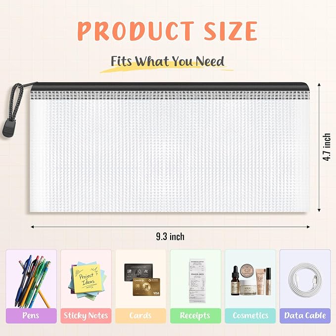 Smarpau Pencil Pouch 24PCS, 9.3" x 4.7" Mesh Zipper Pouches for Organizing, Bill Size Waterproof Zipper Pencil Bags for Travel, Office, Home Storage, Black