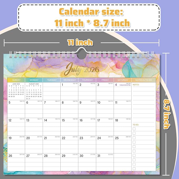 Wall Calendar July 2026 – December 2027 – 18 Monthly Calendar, 11 x 8.7 In, with Holidays, Julian Dates, Thick Paper & Notes Space, Home Office Wall Decoration