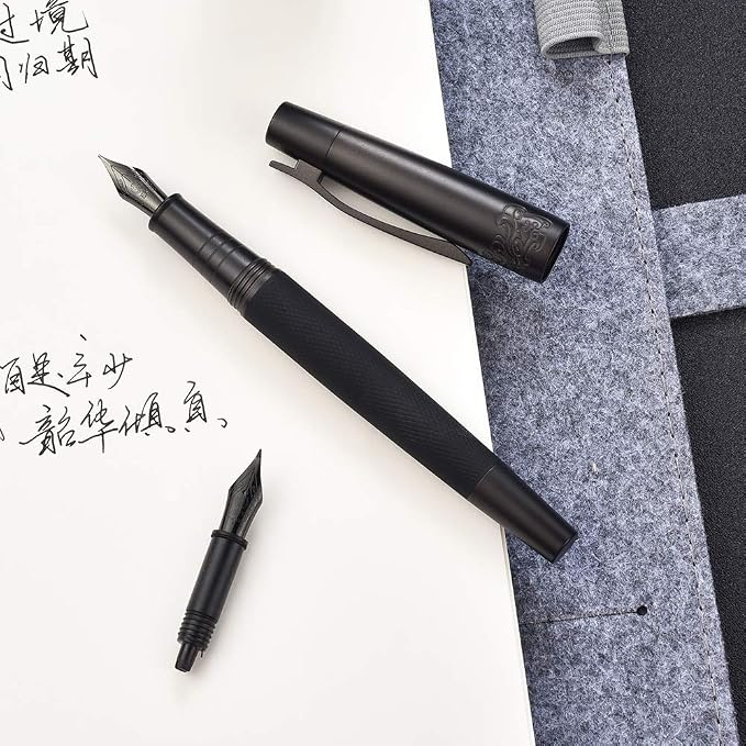 Hongdian 6013 Pure Black General Fountain Pen, PVD Coated Black Medium Nib Solid Metal Pen with Metal Box