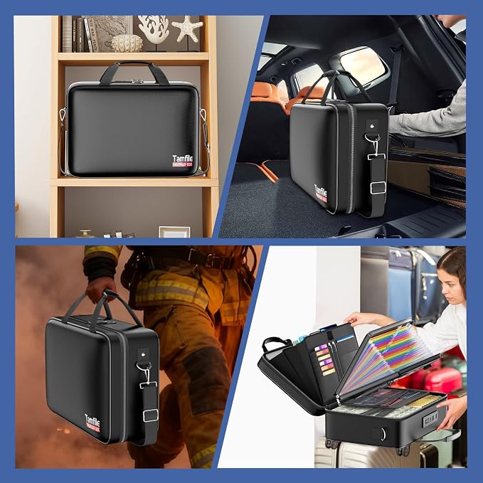 Tamfile Fireproof Document Box with Lock, Large Hard File Organizer, Black | Water Resistant, File Safe Box with 24 Colorful Pockets, Fire Safe Box for Important Documents, Valuables, Laptop, Passports