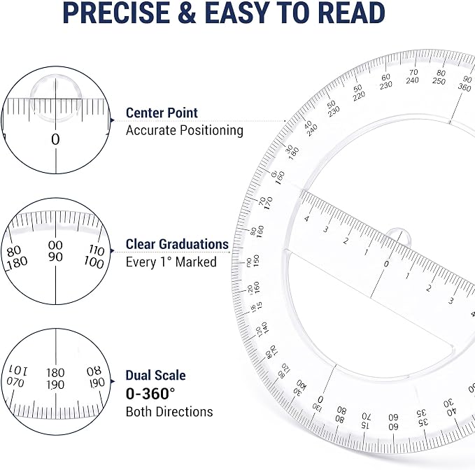 Zonon 2 Pack 360 Degree Protractor, 6 Inch Multifunctional Drawing Ruler Rotatable Mathematical Function Math Geometry Ruler Set, Large Clear Circle Protractor Drafting Tools for Engineering(Classic)