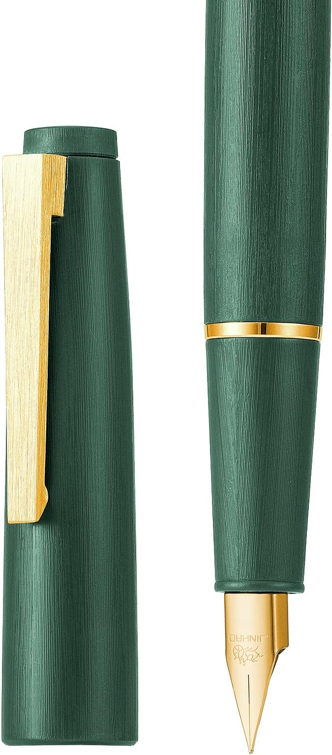 Jinhao 80 Dark Green Fiber Brushed Fountain Pen, Iridium Ultra Fine Gold Nib with Ink Converter, Classic Design Smooth Writing Pen (Gold Clip)