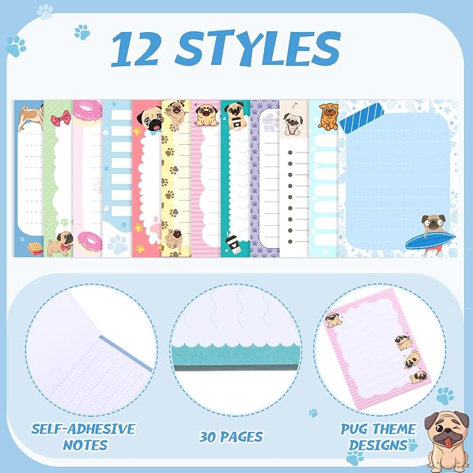 Chiisong 12 Pieces Pug Puppies Sticky to Do List Dog Sticky Notes Puppy Lover Gifts 3 x 4 Inch Adhesive Notepad for Memo Reminder Journal Studying Home Gift Office Decor Accessories