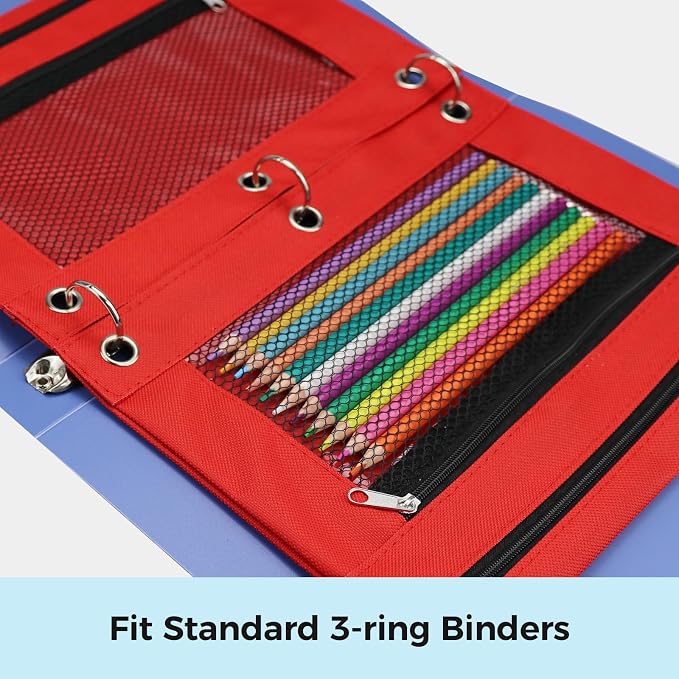 Pencil Pouch for 3 Ring Binder, Pencil Case Bag with Zipper, 600D Fabric Pencil Pouch Holder Accessories, Clear Window Pencil Case Aesthetic Back to School Organizer Pockets for Boy Girl (Red)