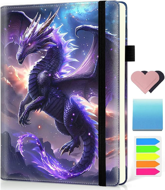 Hardcover Executive Notebooks, A5 PU Leather Lined Journal Notebook, 200 Pages Thick Paper Subject Notebooks for School,Work,Home Writing Business Notebook, Diary Book ，Purple Flying Dragon