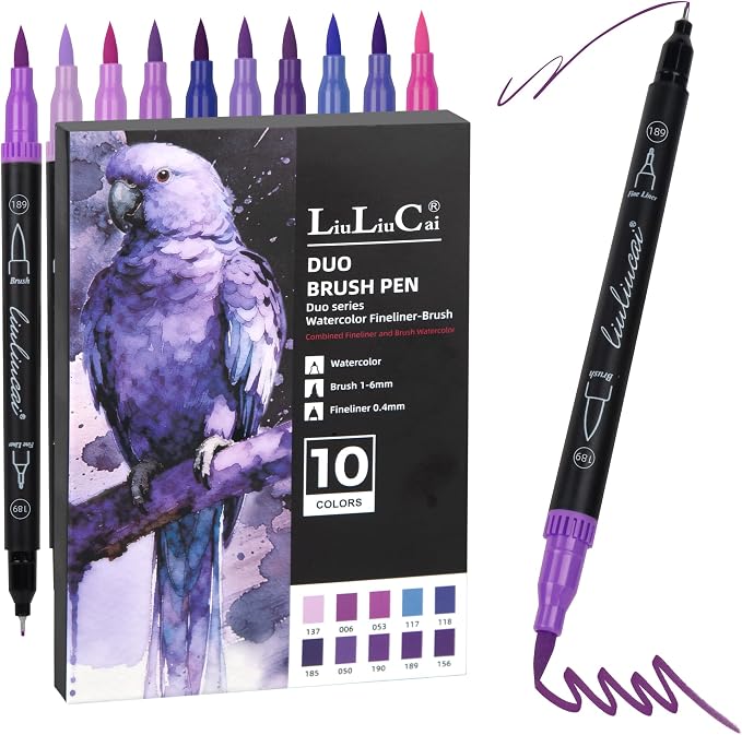 LIULIUCAI 10 Purple Dual Marker, Fine & Brush Tip Pen for Adult Coloring | Violet Marker Pen, Royal Purple Markers for Galaxies, Lavender, Fantasy Art, Outlining Illustration, Mystical Designs