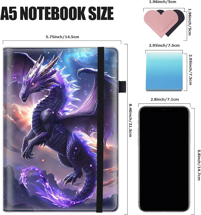 Hardcover Executive Notebooks, A5 PU Leather Lined Journal Notebook, 200 Pages Thick Paper Subject Notebooks for School,Work,Home Writing Business Notebook, Diary Book ，Purple Flying Dragon