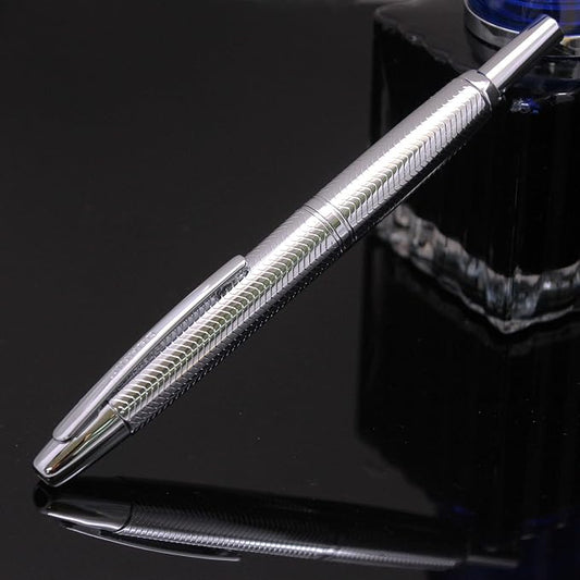 JH10 Press Fountain Pen Fine Nib with Velvet bag, Retractable Nib Calligraphy Ink Pen with Converter Writing (Wavy Chrome)