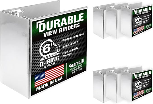 Samsill Durable 6 inch 3 Ring Binder, Locking D Ring Binder, Customizable Clear View Cover, White, 6-Pack, Holds 1225 Pages