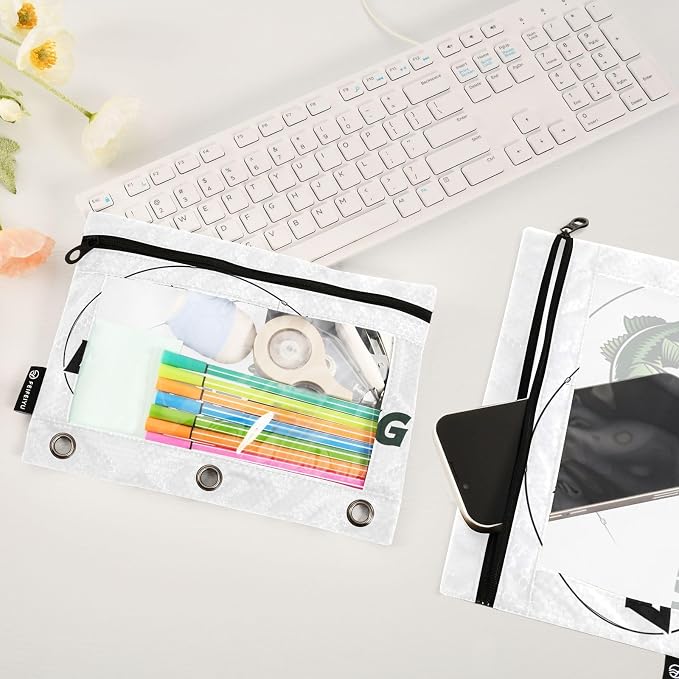 Gredecor Binder Pencil Pouch 3 Ring Largemouth Bass Fishing Zipper Pencil Pouches Case 2 Pack Clear Binder Organizer for School Office