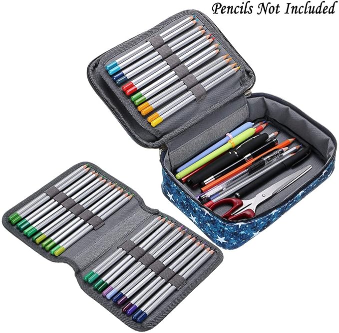 BTSKY Zipper Pens Pencil Case with Pattern-Multi-functional Stationery Pencil Pouch 36 Large Stretchy Slots for 72 Colored Pencils(Star Blue)