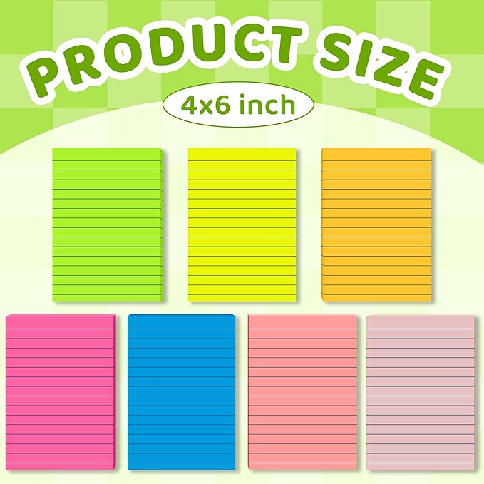 Lined Sticky Notes 4 x 6 Inches, 15 Pads, 375 Sheets Total, 7 Bright Colors, Self-Stick Note Pads with Strong Adhesive, Large Rectangular Sticky Notes for Office, Home, School & Meetings