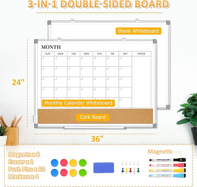 Monthly Dry Erase Calendar Whiteboard with Corkboard, 36" x 24", Silver | Magnetic, White Board Cork Board Combo, Double Sided, Wall Mounted, Aluminum Frame, for Home, Office, Kitchen, Dorm