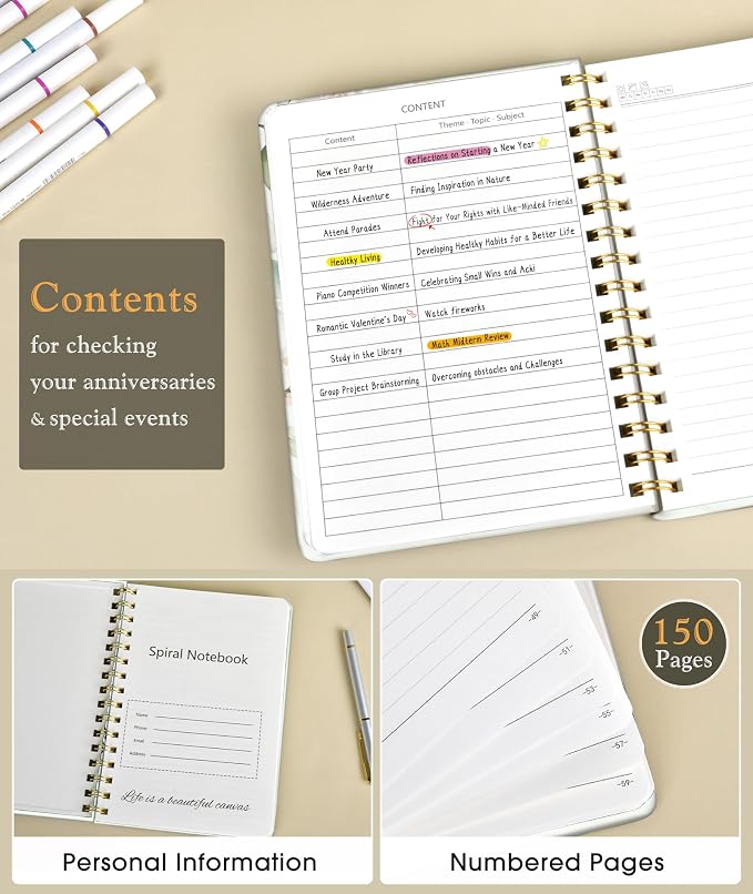 PAPEJOON Lined Spiral Journal Notebook for Women, A5 Cute Hardcover Spiral Journals for Work, Note Taking, 150 Numbered Pages 100 GSM College Ruled Spiral Bound Notebook, 5.75" x 8.38", Eucalyptus