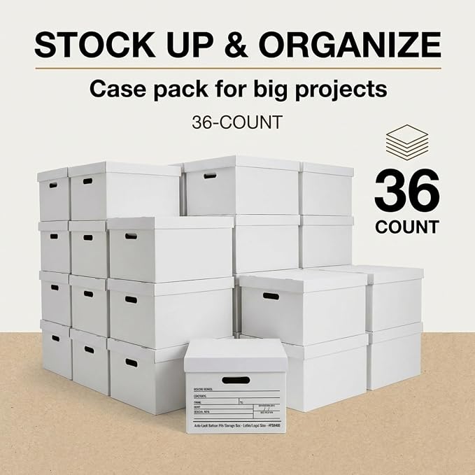 BOX USA File Boxes with Lids and Handles (36-Pack) - File Storage Boxes for Office Supplies, Book Storage, Moving, and Packaging, Fits Letter and Legal Paper, Removable Lid
