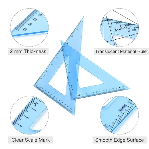 Coopay 12 Inch Math Geometry Tool Plastic Ruler Square Set Includes Straight Ruler, Triangles, Protractor for Student School Office Supplies (Blue)