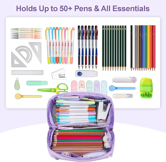 Large Pencil Case for Girls - Aesthetic Pencil Pouch for School | Kids Pencil Case & Wide Handle, Water Resistent Organizer, Box Fits 50 Pens & Markers, Daily Use, Purple Unicorn